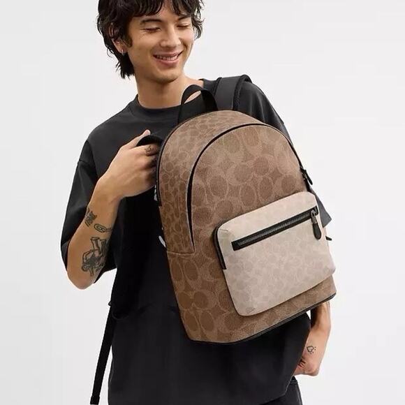 NWT Coach Men’s West Backpack In Blocked Signature Canvas CAB59 Sand/Tan - Picture 6 of 9